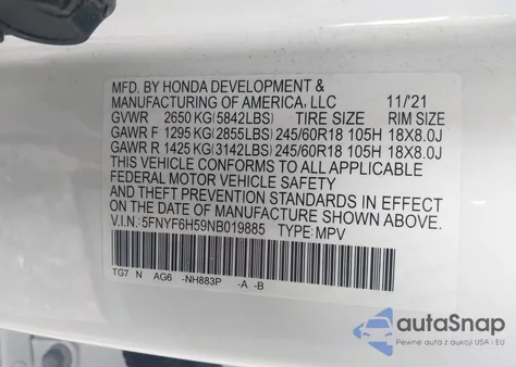 2022 Honda Pilot Awd Ex-L from USA, damaged, VIN 5FNYF6H59NB019885